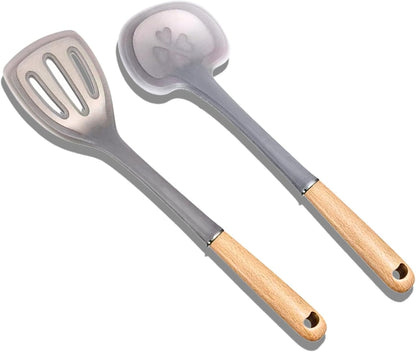 Exquisite Silicone Cooking Utensils Set - Non-Toxic, Heat-Resistant Kitchen Utensils Set with Food-Grade Silicone & Wood Handles - Includes Spatula & Spoon for Non-Stick Cookware, Black