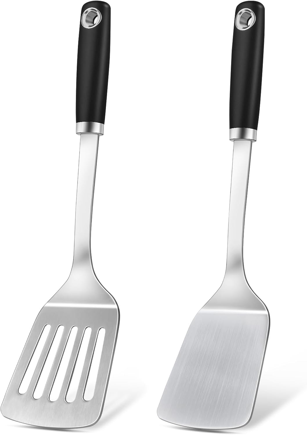 2 Pcs Stainless Steel Spatulas Set, Metal Spatula Solid & Slotted Turner, Heavy Duty Sturdy Spatula for Kitchen Use, High Heat Resistant Cooking Utensils for Fish Eggs Pancakes, Easy to Clean, Silver