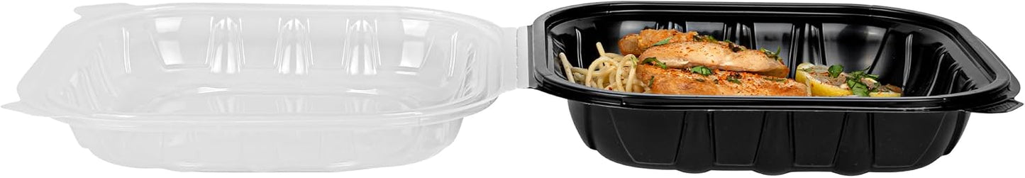 Thermo Tek 40 Ounce Clamshell Containers, 50 Disposable Take Out Boxes - 3 Compartments, Ventilated Lids, Black Plastic Meal Prep Containers, Microwavable, For Pasta Or Salads - Restaurantware