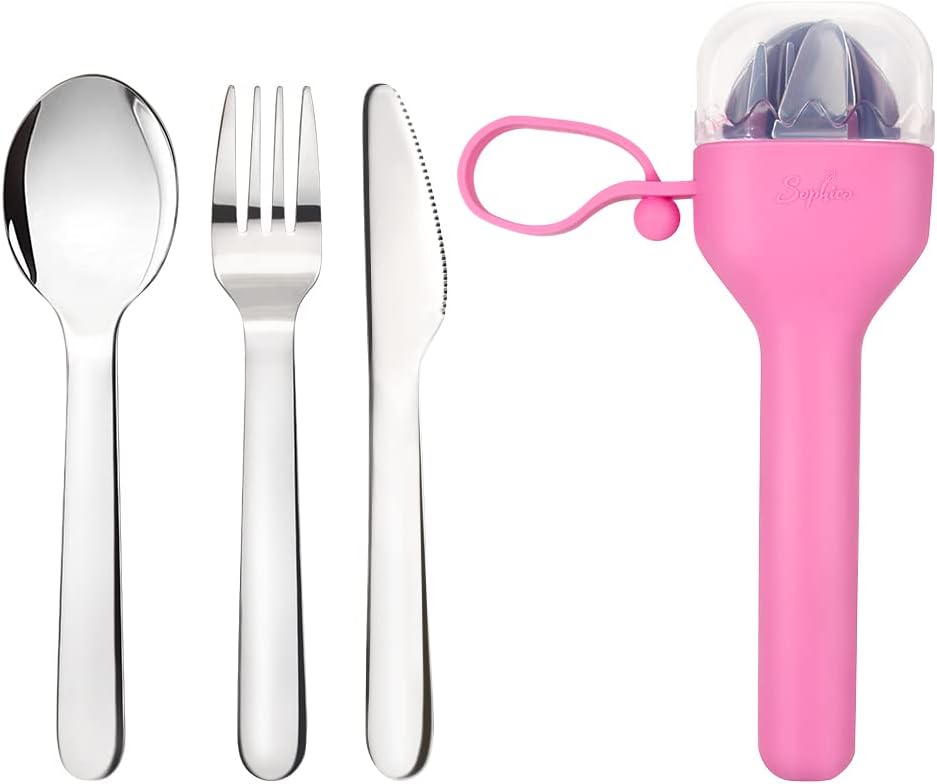 Sophico Travel Utensils Set for Camping and Kids Lunch Box, Stainless Steel Fork and Spoon, Knife Silverware Flatware Sets with Silicone Case - Portable & Leak-proof, Dishwasher Safe (Pink, 1 Set)