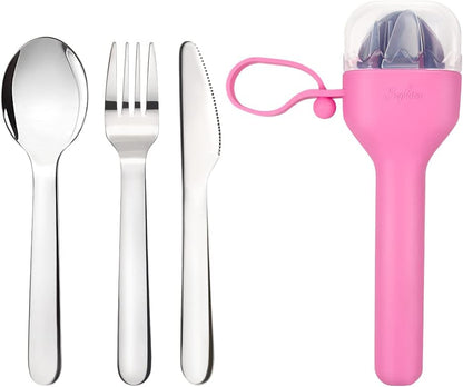 Sophico Travel Utensils Set for Camping and Kids Lunch Box, Stainless Steel Fork and Spoon, Knife Silverware Flatware Sets with Silicone Case - Portable & Leak-proof, Dishwasher Safe (Pink, 1 Set)
