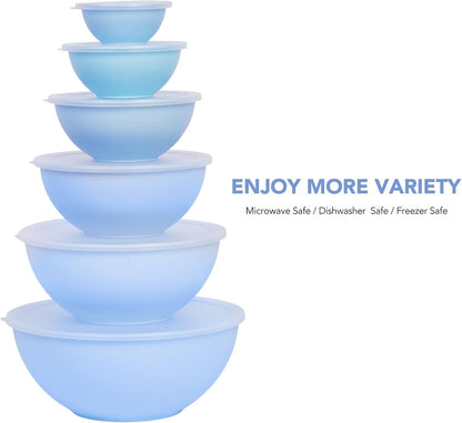 BoxedHome BPA Free Plastic Round Mixing Bowl with Lids, 12 Pack Nesting Bowls with Lids Set, Microwave and Dishwasher Safe Prep & Serving Bowls Great for Mixing, Baking, Serving (pinkish green, 12pcs)