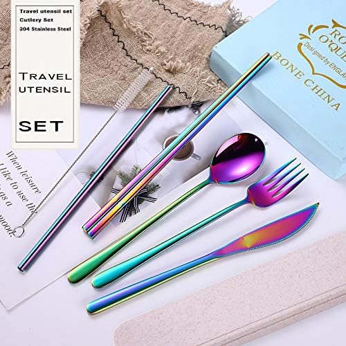 AARAINBOW 6 Pieces 18/8 Stainless Steel Flatware Set Portable Reusable Cutlery Set Travel Utensils Set Including Chopsticks Knife Fork Spoon Straws Cleaning Brush Dishwasher Safe (Green golden)