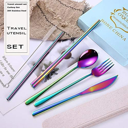 AARAINBOW 6 Pieces 18/8 Stainless Steel Flatware Set Portable Reusable Cutlery Set Travel Utensils Set Including Chopsticks Knife Fork Spoon Straws Cleaning Brush Dishwasher Safe (Green golden)