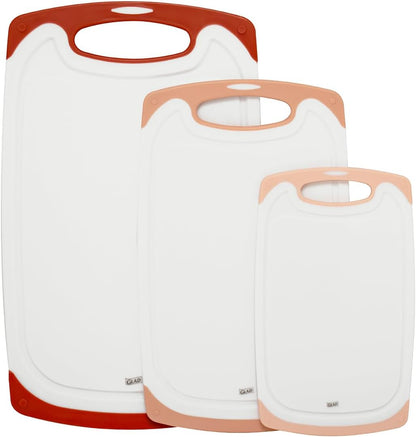 Glad Cutting Boards for Kitchen - 3pc Cutting Board Set with Juice Grooves and Non Slip Handles - Assorted Sizes for Meat, Vegetables, and Fruit - Non Porous, Dishwasher Safe, Grey