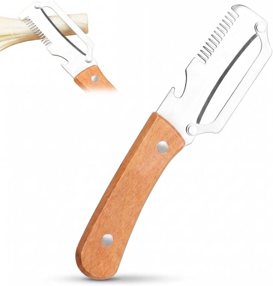 Multi-Functional Vegetable Peeler with Julienne Slicer & Bottle Opener, Stainless Steel Blade & Wooden Handle, Ergonomic Kitchen Tool for Peeling, Slicing & Shredding Fruits & Veggies (Style-A, 1PC)