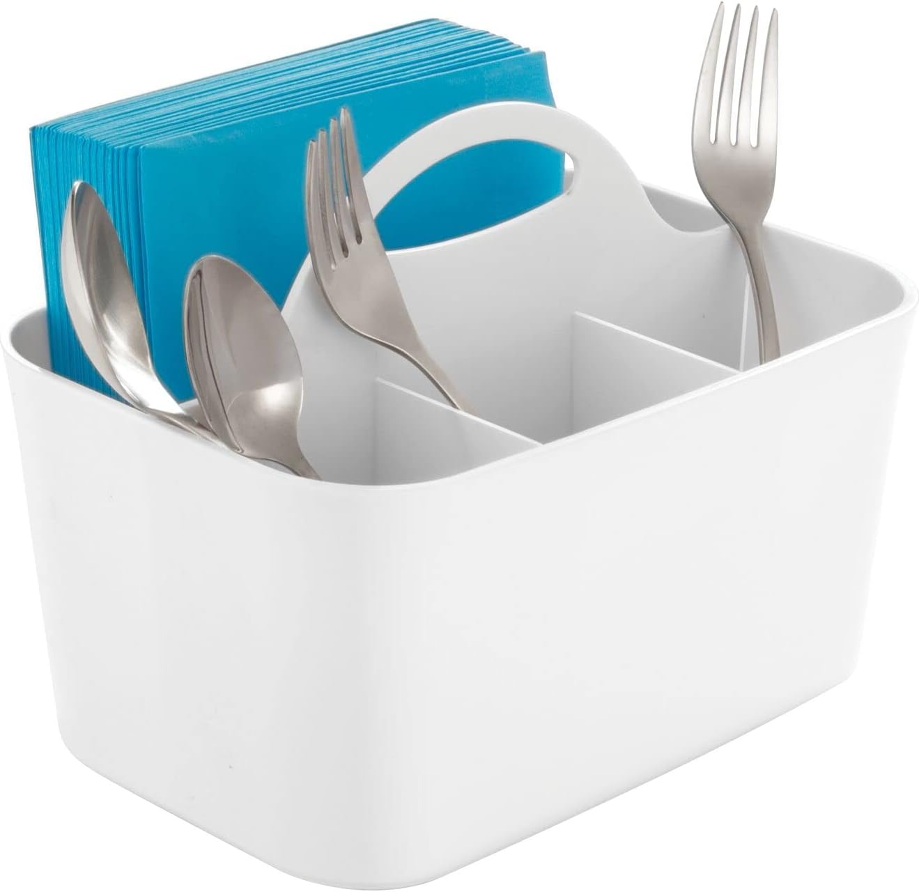 mDesign Plastic Cutlery Storage Organizer Caddy Bin Tote with Handle - Kitchen Cabinet Divided Pantry Basket for Forks, Knives, Spoons, Napkins, Indoor/Outdoor Use, Lumiere Collection, White