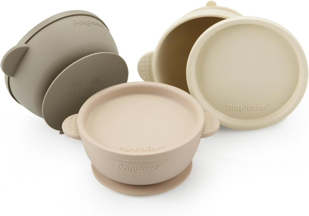 PandaEar 3 Pack Baby Bowls with Suction| Leak-Proof Stay Put Silicone Food Bowl with Lids for Babies Kids Toddlers Infants| Food Grade Soft Safe BPA-Free Silicone (Pink Rose Linen)