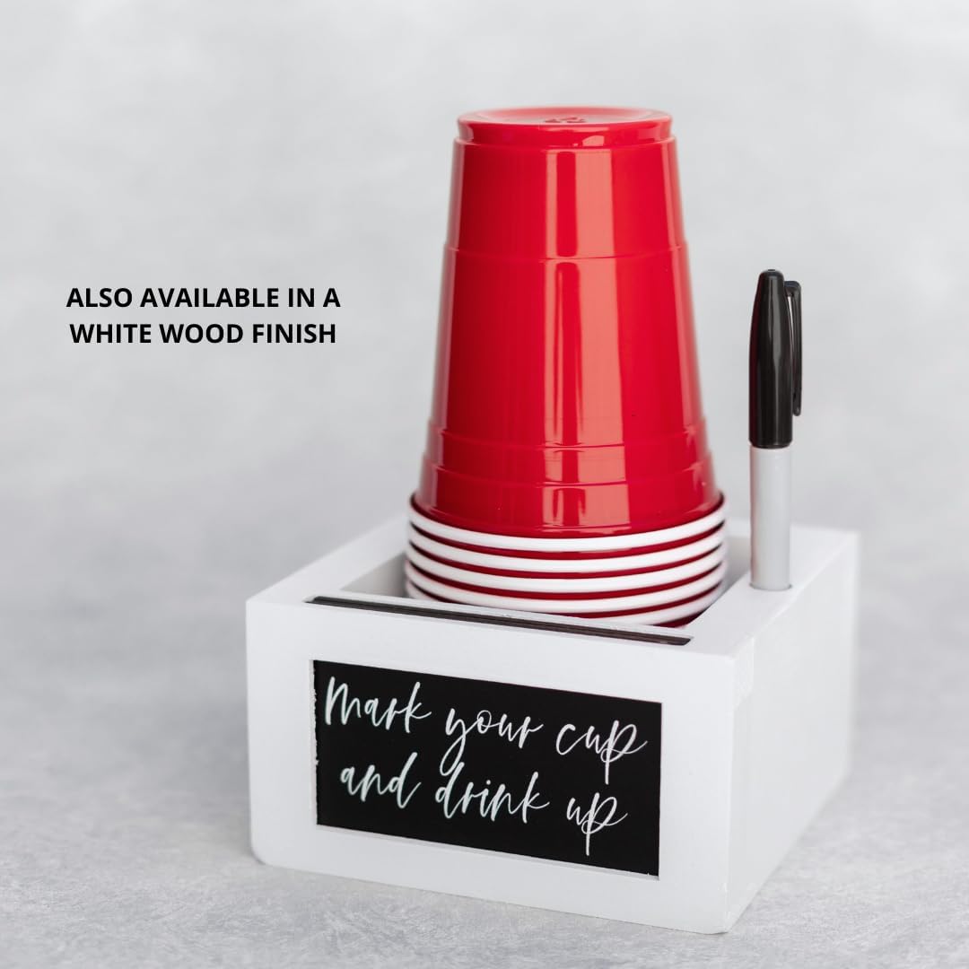 White Party Cup Holder with Marker Slot- Drink Caddy with Interchangeable Signs- Mark Your Cup and Drink Up-Hosting Essentials Wood Cup Dispenser- Brunch Supplies- Disposable Cup Holder Hostess Gifts