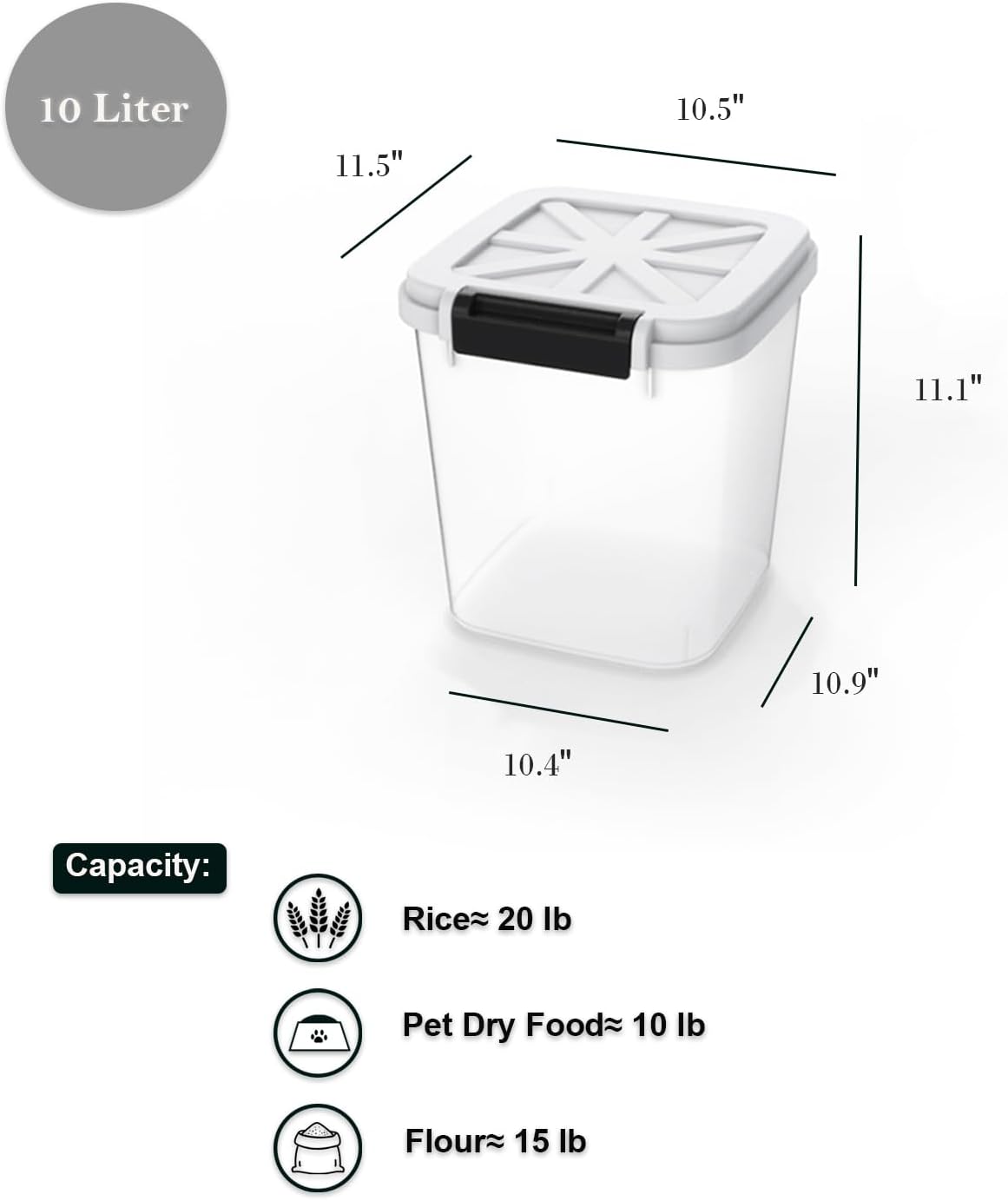 HANAMYA 40 LB Rice Storage Container with Measuring Cup, BPA free, For Rice | Grain | Pet Food | Flour, 1 count, Clear & Black