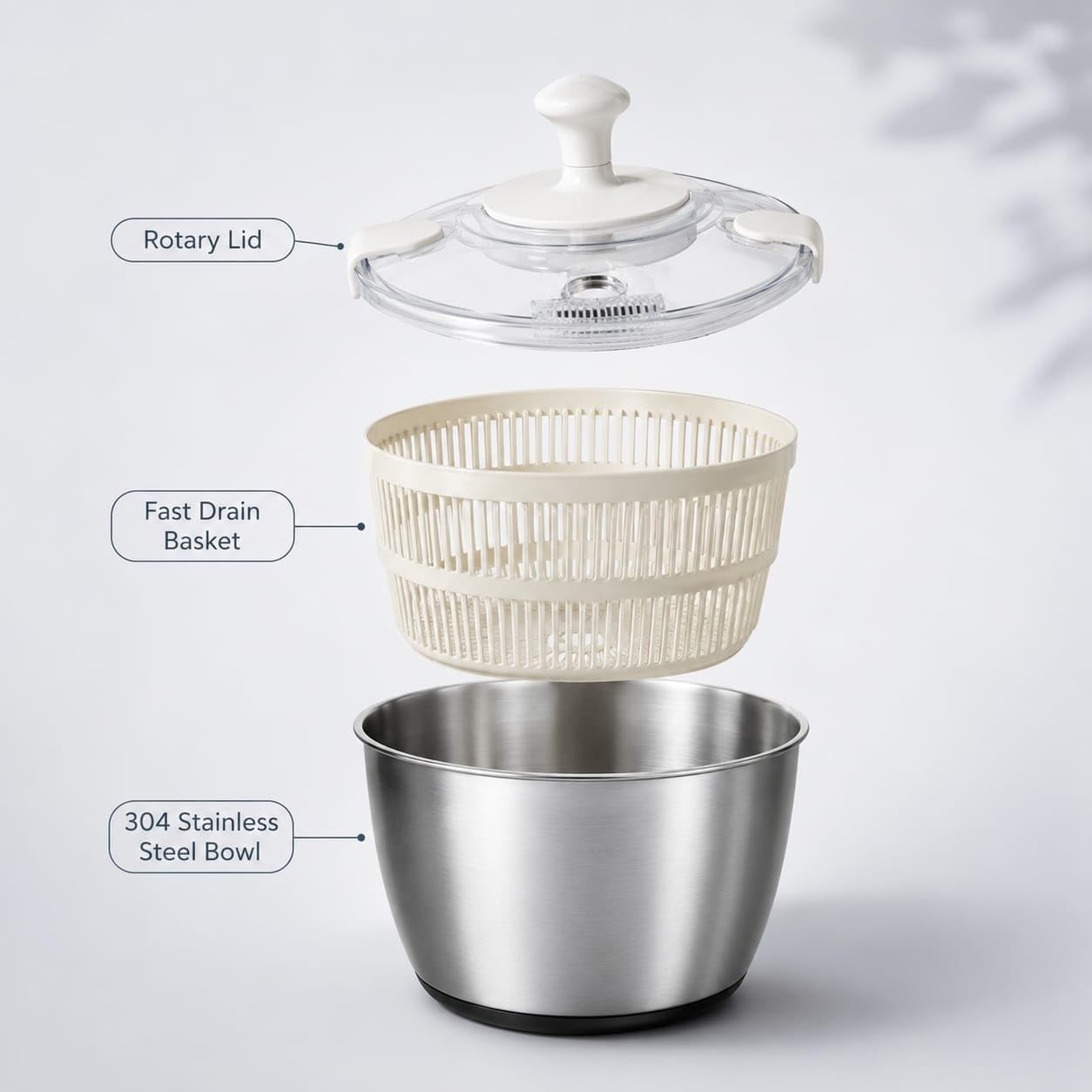 Stainless Steel Salad Spinner Large Capacity 5Qt – Hand Crank Vegetable Washer & Dryer with One-Touch Stop, Drainage Spout, Non-Slip Base – Dishwasher Safe Kitchen Tool for Lettuce & Fruit