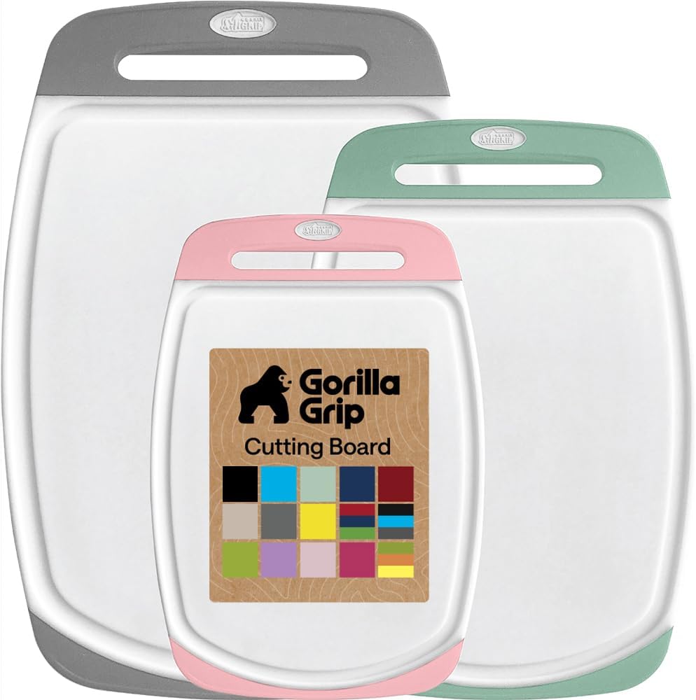GORILLA GRIP BPA-Free Reversible Kitchen Cutting Board Set of 3, US Designed, Nonporous, Juice Grooves Catch Liquid, Slip Resistant Border, Dishwasher Safe, Durable Large Food Chopping Boards, Black