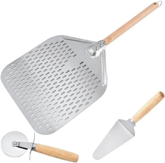 Perforated Pizza Peel Set, 12 x 14 Inch Stainless Steel Paddle with Detachable Wood Handle, Includes Peel, Cutter and Turner, 3 Piece