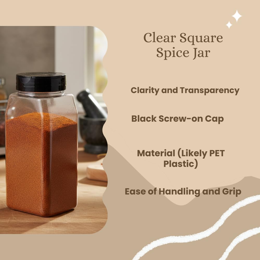 Pride Of India 32 Fl Oz Clear Spice Jar with Dual Opening Lid | Food Grade PET Plastic Oblong Jar | Reusable Organizer for Spices, Herbs, Coffee, Nuts, Snacks & Pet Treats | | 3-4 Cup Capacity