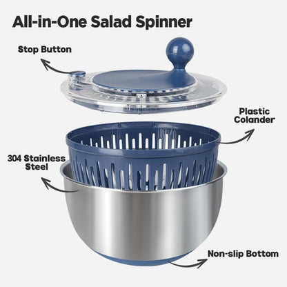 Stainless Steel Salad Spinner, 5.3 Qt Lettuce Spinner with Non-Slip Base, Drain and Stop Button, Fruit and Vegetable Washer and Dryer Spinner