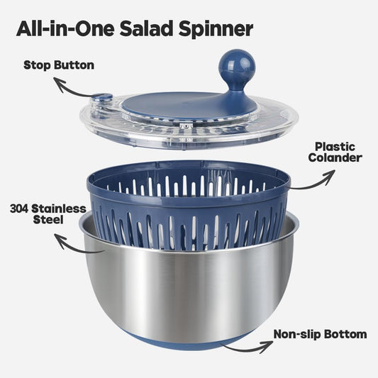 Stainless Steel Salad Spinner, 5.3 Qt Lettuce Spinner with Non-Slip Base, Drain and Stop Button, Fruit and Vegetable Washer and Dryer Spinner
