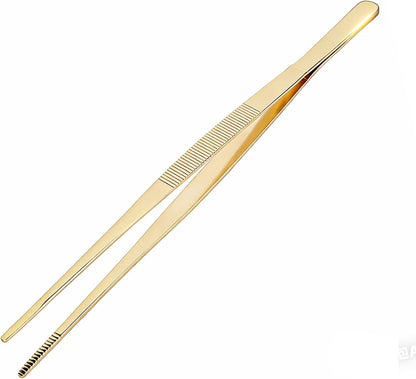 12" Stainless Steel Extra Long Tweezer, Precision Serrated Tips Metal Chef Tweezer Non-slip Kitchen Serving Tong for Food Cooking Baking Grilling Plating BBQ (Gold)