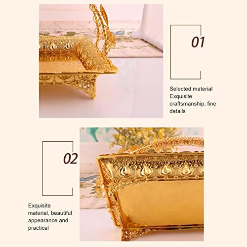 Gold Serving Tray, Vintage Coffee Table Tray Decorative Tea Tray Metal Snack Dessert Serving Dish and Platter with Handle for Home Bar Cafe Party Wedding