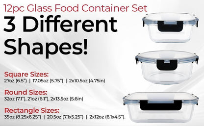 Magic Mill Premium Borosilicate Glass Food Storage Containers with lids Set | 24pc Sets with 12 Bowls & 12 Airtight Locking Lids for Lunch & Meal Prep, Safe for Oven, Freezer, Dishwasher, BPA-Free