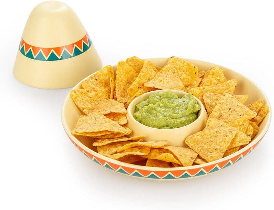 Balvi Mexican Chip and Dip Platter: Hand-painted Ceramic, Tropical Style, Sombrero Pattern, Large Size, Glossy Finish, Reusable, Ideal for Party Appetizers and Snacks