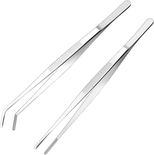 Kitchen Tweezers Stainless Steel 8 Inch Long Tweezers Tongs, Heavy Duty large food tweezers with Precision Serrated Tips for Cooking(8" Straight+Curved)