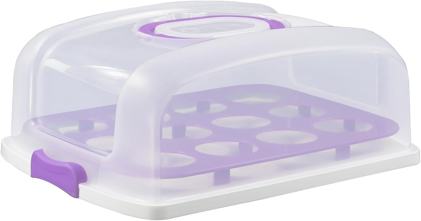 Cake Carrier with Lid, Purple Cake Holder Cupcake Container for 12 Cupcakes or 1 Large Cake Pie Pizza Tart 2 in 1 Portable Dessert Container for Cake Pie Muffin