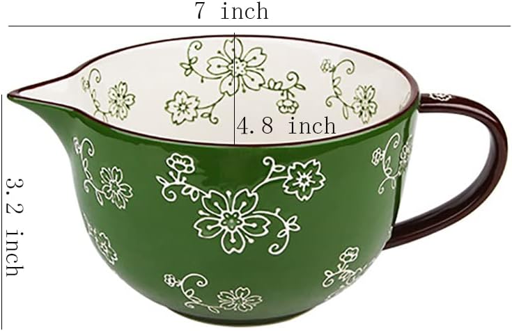 Gaolinci Cherry Blossom Pattern Kitchen Ceramic Mixing Bowl, 1 Quart Large Bowl, with Pouring Spout and Handle