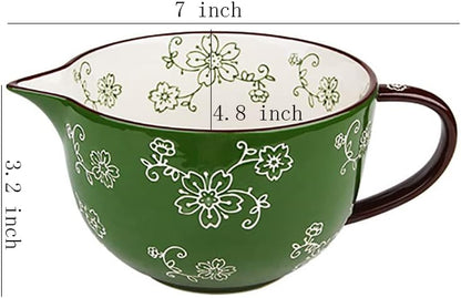 Gaolinci Cherry Blossom Pattern Kitchen Ceramic Mixing Bowl, 1 Quart Large Bowl, with Pouring Spout and Handle
