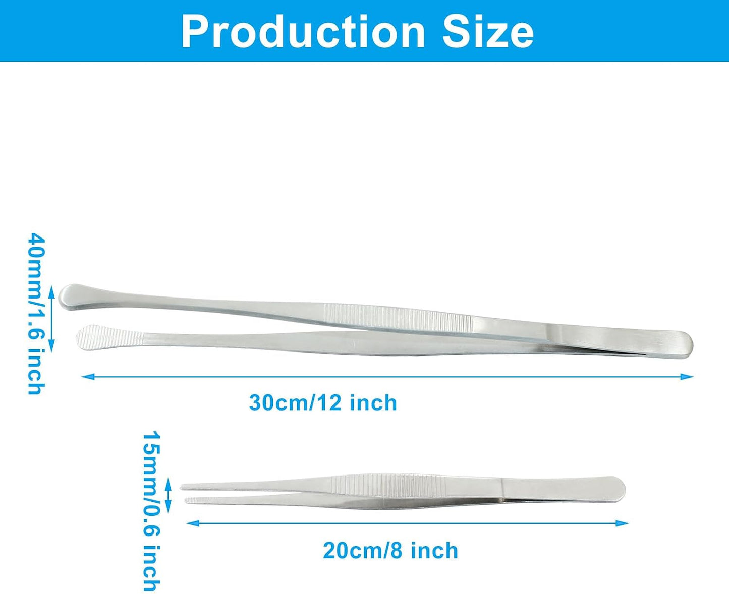 3Pcs Stainless Steel Tweezer Set (8" 10" 12"), Kitchen Tweezers Tongs, Cooking Tweezers with Precision Serrated Straight Tips, Long Handle Food Tweezers for Culinary, Bar, BBQ, Plating