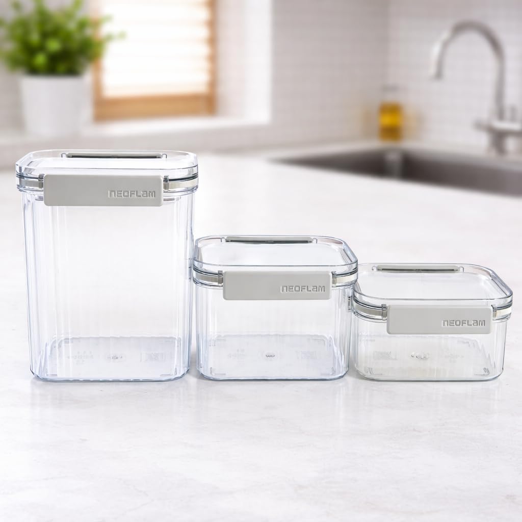 Neoflam 3 Set Airtight Kitchen Pantry Dry Food Container with Handle, Dog, Cat, Pet Feed Dispenser with Measuring Cup, Refrigerator Cabinet Organization for Cereal, Rice, Grain, Pasta (61oz, 1800ml)