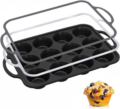Silicone Muffin Pan with Metal Frame, 12-Cup Non-Stick Baking Pan for Cupcakes & Muffins, Dishwasher Safe & BPA Free, Durable for Meal Prep & Oven Use