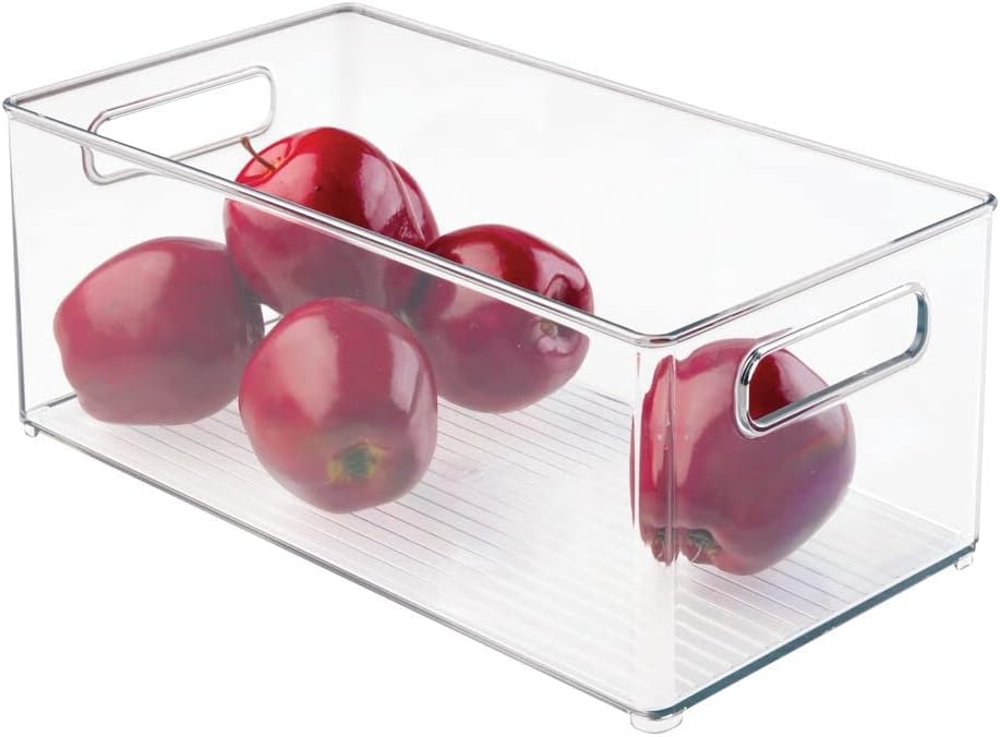 mDesign Stackable Plastic Food Storage Bin with Handles for Kitchen Pantry, Cabinet, Refrigerator, Freezer - Organizer for Fruit, Yogurt, Squeeze Pouches - BPA Free, 10" Long - Clear