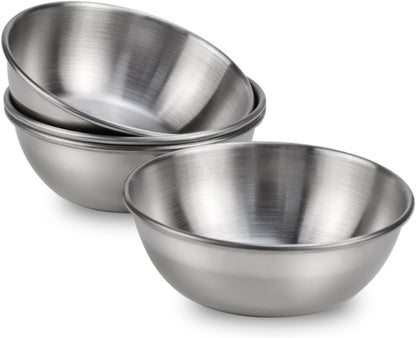 4 Pack Stainless Steel Sauce Dishes Mini Round Seasoning Bowl Sushi Dipping Bowls Appetizer Plates Individual Saucers Bowls Small Soy Sauce Dish 3.6 Inch Condiment Cups Small Metal Bowl (Sliver)