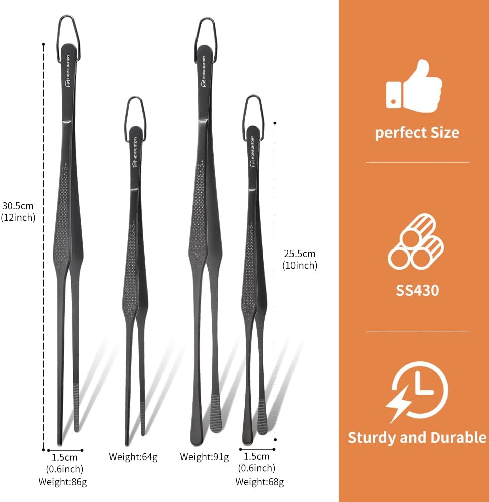 Stainless Steel Cooking Tweezers Set, 10 & 12 Inch Precision Kitchen Tweezers with Star Dot Texture & Elevated Tips | Galaxy Grip Series, 4-Piece (Silver)