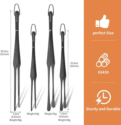 Stainless Steel Cooking Tweezers Set, 10 & 12 Inch Precision Kitchen Tweezers with Star Dot Texture & Elevated Tips | Galaxy Grip Series, 4-Piece (Silver)