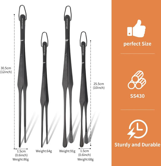 Stainless Steel Cooking Tweezers Set, 10 & 12 Inch Precision Kitchen Tweezers with Star Dot Texture & Elevated Tips | Galaxy Grip Series, 4-Piece (Silver)