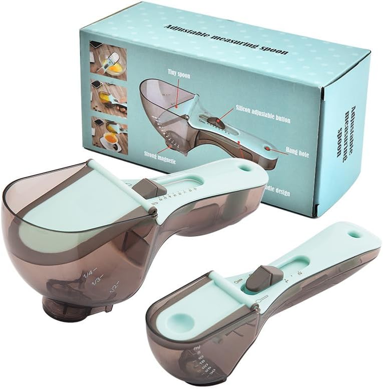 Adjustable Measuring Spoons Set, Mint Green and Gray, Plastic Kitchen Tools with Scale Markings, Baking Utensils