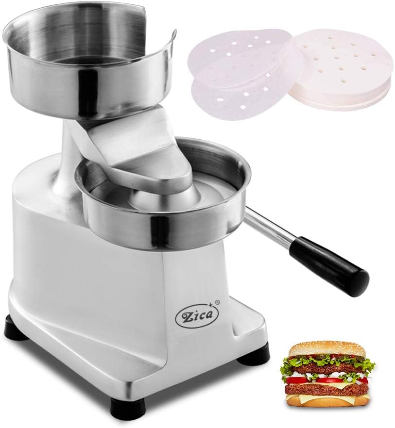 Zica 5 inches/130mm Sliver Commercial Hamburger Press Patty Maker Heavy Duty Meat Forming Processor, Stainless Steel Bowl, Includes 500 Pcs Patty Papers