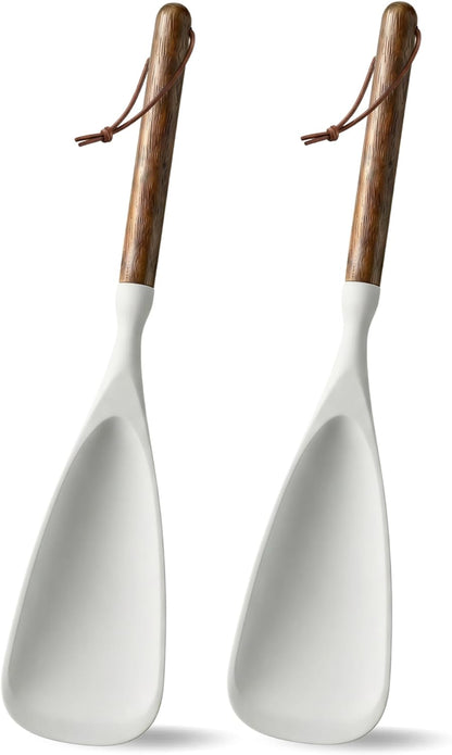 2-Pack Silicone Spoonula with Wooden Handle, BPA-Free Spatula Spoon for Nonstick Cookware, Heat Resistant Cooking Spoon for Mixing, Scraping, Scooping and Serving(Black)
