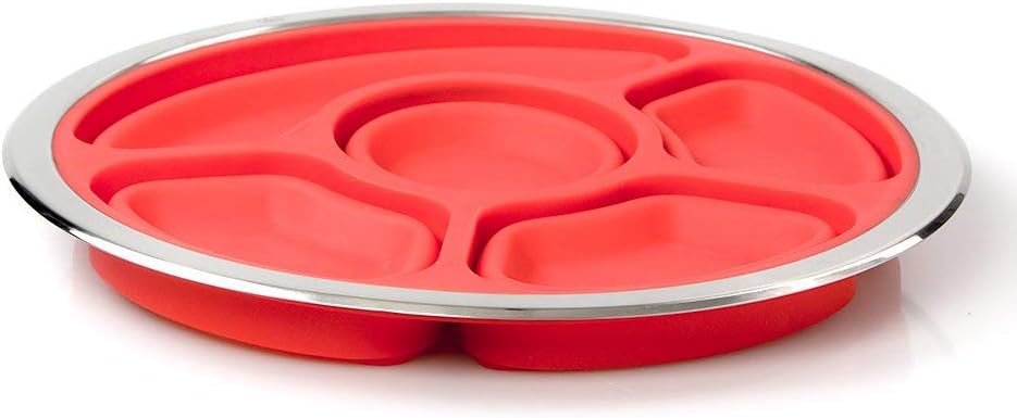 Collapsible 14" Party Serving Platter for Entertaining - Fruit, Veggie, Appetizer Server Tray w Stainless Steel Lid - Easy to Clean & Store, Portable, Dishwasher Safe- Hosting Sunday Football