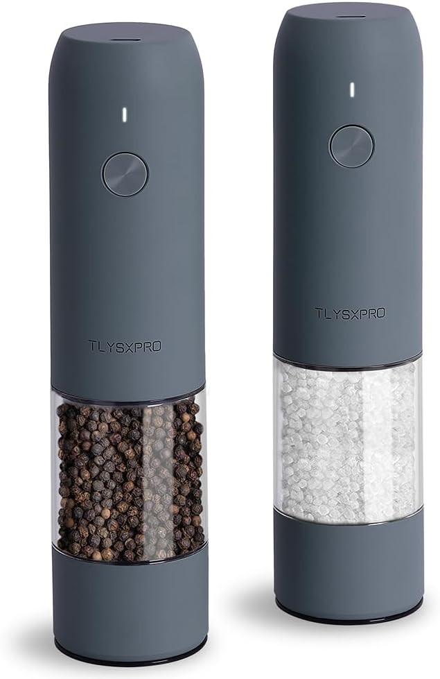 Electric Salt and Pepper Grinder Set, USB Rechargeable, Automatic Salt and Pepper Mill Grinder with Adjustable Coarseness, Electric Salt Shakers, LED Light, Refillable (2 Packs, Greige)