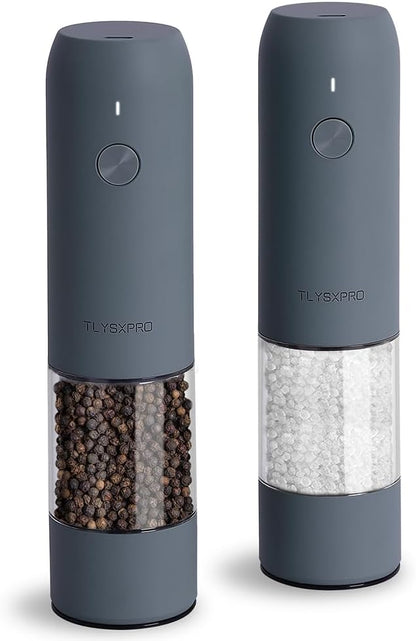 Electric Salt and Pepper Grinder Set, USB Rechargeable, Automatic Salt and Pepper Mill Grinder with Adjustable Coarseness, Electric Salt Shakers, LED Light, Refillable (2 Packs, Greige)