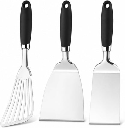 304 Stainless Steel Fish Spatula, Thin Flexible Slotted Turner | Non-Slip Ergonomic Handle, Metal Spatula for Fish, Eggs, Burgers, Cast Iron & Griddle, Black