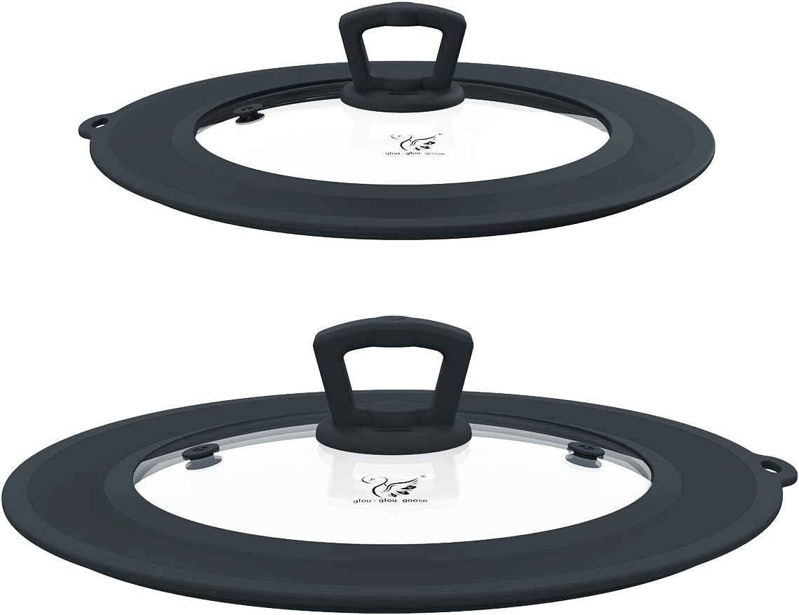 Vented Tempered Glass Universal Lid for Pot Pan Skillet with Heat Resistant Silicone Rim Microwave Splatter Lid Cover Microwave Safe Fit 11.5" 12" 12.5" Cookware, Dishwasher Safe Grey