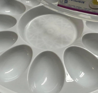 Deviled Egg Carrier Tray with Clear Twist-On Lid, Grooved Line-Up Design, Reusable Lightweight Plastic Container, Freezer Safe, for Parties and Gatherings