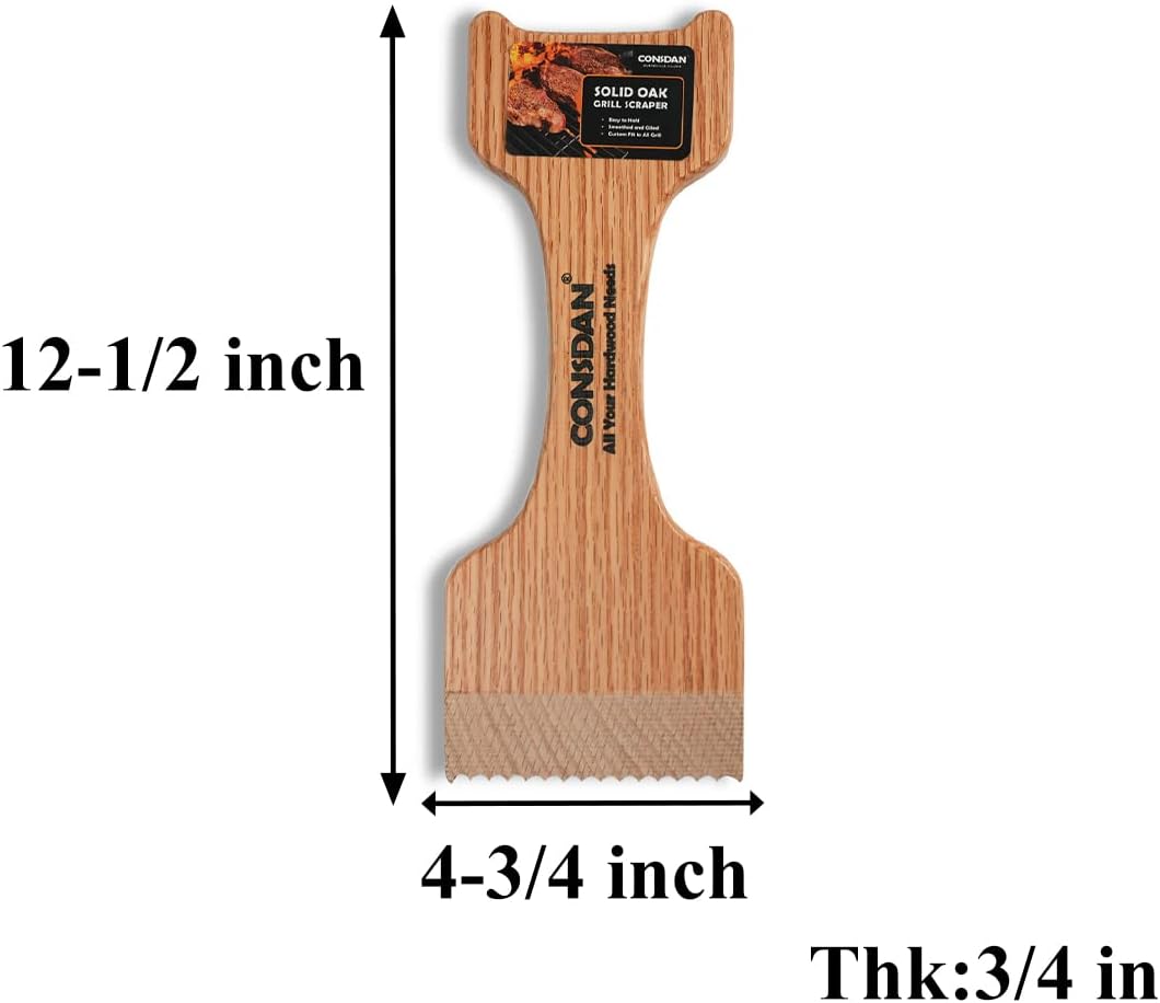 CONSDAN Wood Grill Scraper, Soild Oak Wooden Grill Brush, Grill Scraper for Outdoor Grill, Bristle Free Grill Scrapers, Grill Grate Cleaner Safe Wood Grill Brusher