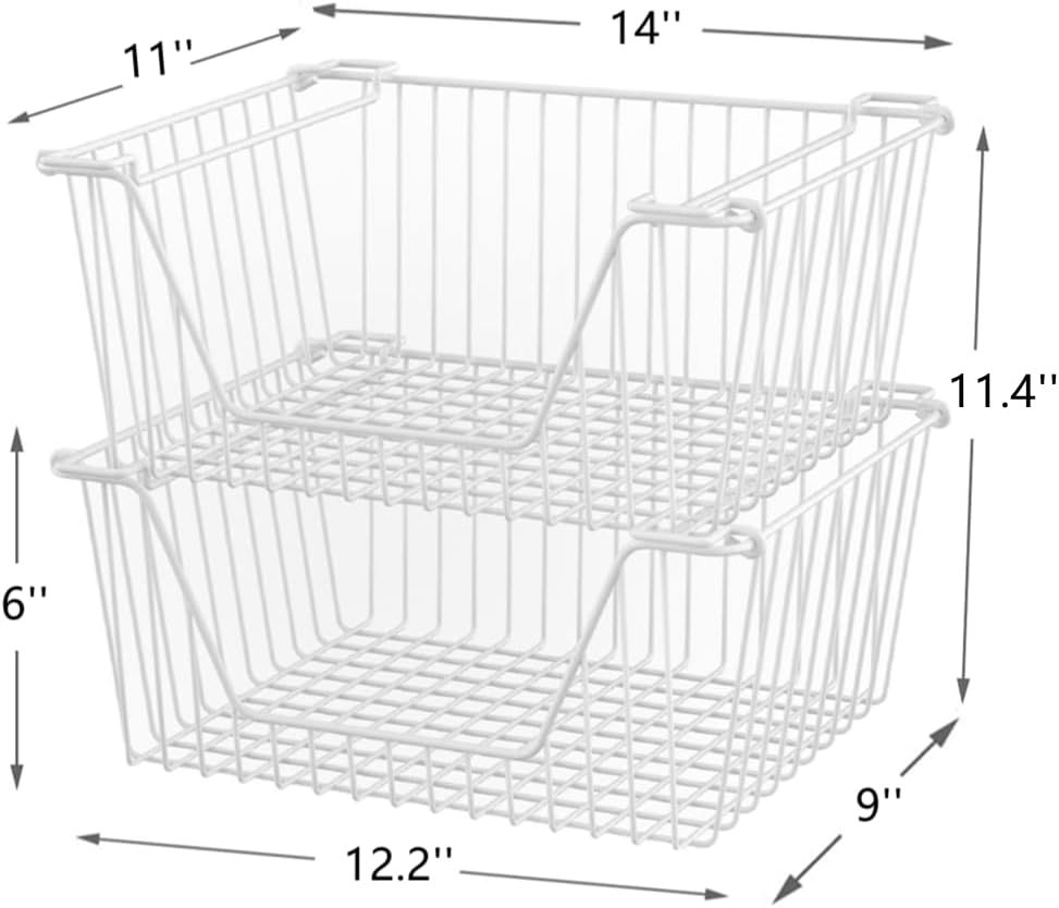 Slideep Wire Storage Baskets, Freezer Baskets Farmhouse Stackable Organizer Storage Bins Large Organizer for Storage, Office, Bathroom, Pantry Organization Storage with Handles 14" Black -Set of 3