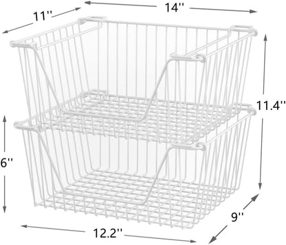 Slideep Wire Storage Baskets, Freezer Baskets Farmhouse Stackable Organizer Storage Bins Large Organizer for Storage, Office, Bathroom, Pantry Organization Storage with Handles 14" Black -Set of 3