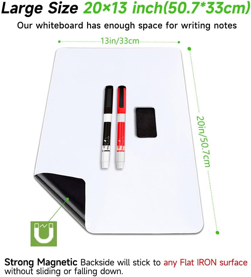 Magnetic Dry Erase Board Fridge White Board Sheet 20x13 inch, Flexible Large Refrigerator Magnets Whiteboard Planner for Home Kitchen, 2 Markers and Eraser