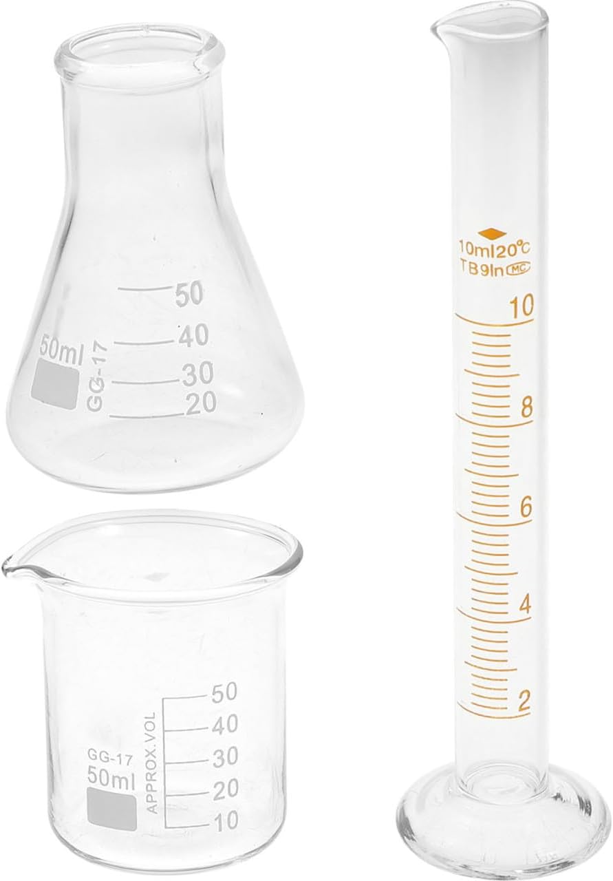 IMIKEYA 3-Piece Scientific Laboratory Tool Set Borosilicate Glass Graduated Cylinder Conical Flask Beaker for Classroom and Home Experiments
